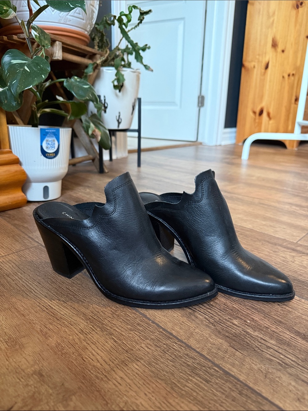 Black Leather Mule Heels